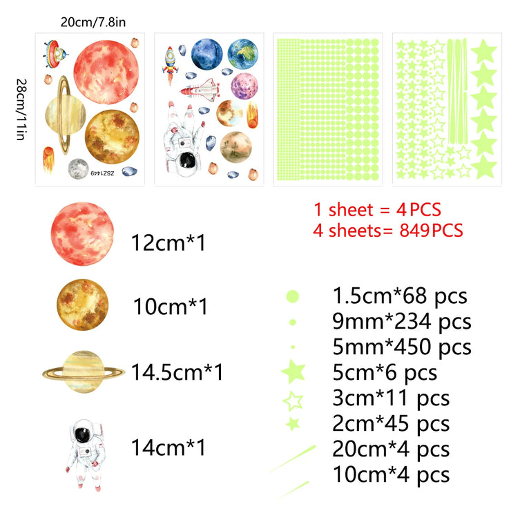 849Pcs Glow in The Dark Stars Wall Stickers