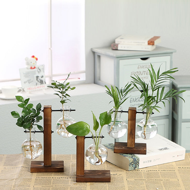 Hydroponic Plant Vases Vintage Flower Pot Transparent Vase Wooden Frame Glass Tabletop Plants Home Bonsai Decor Drop Shipping