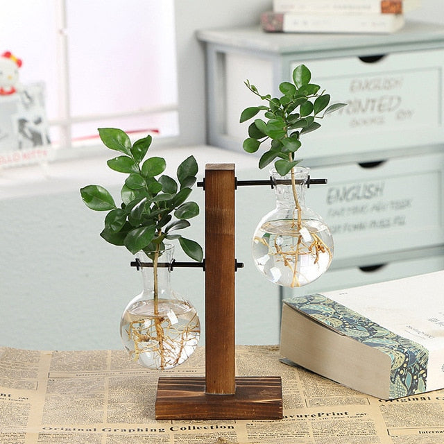 Hydroponic Plant Vases Vintage Flower Pot Transparent Vase Wooden Frame Glass Tabletop Plants Home Bonsai Decor Drop Shipping